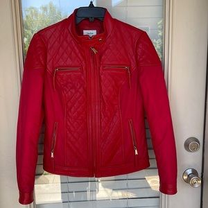 Nieman Marcus red leather &  polyester jacket  silver tone zippers used medium